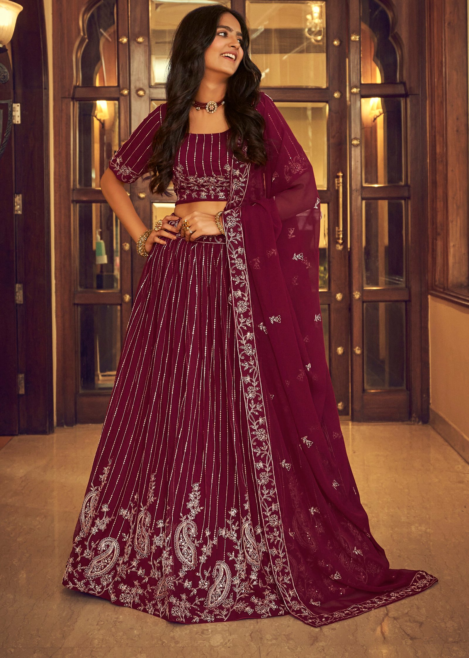 maroon lehenga for party